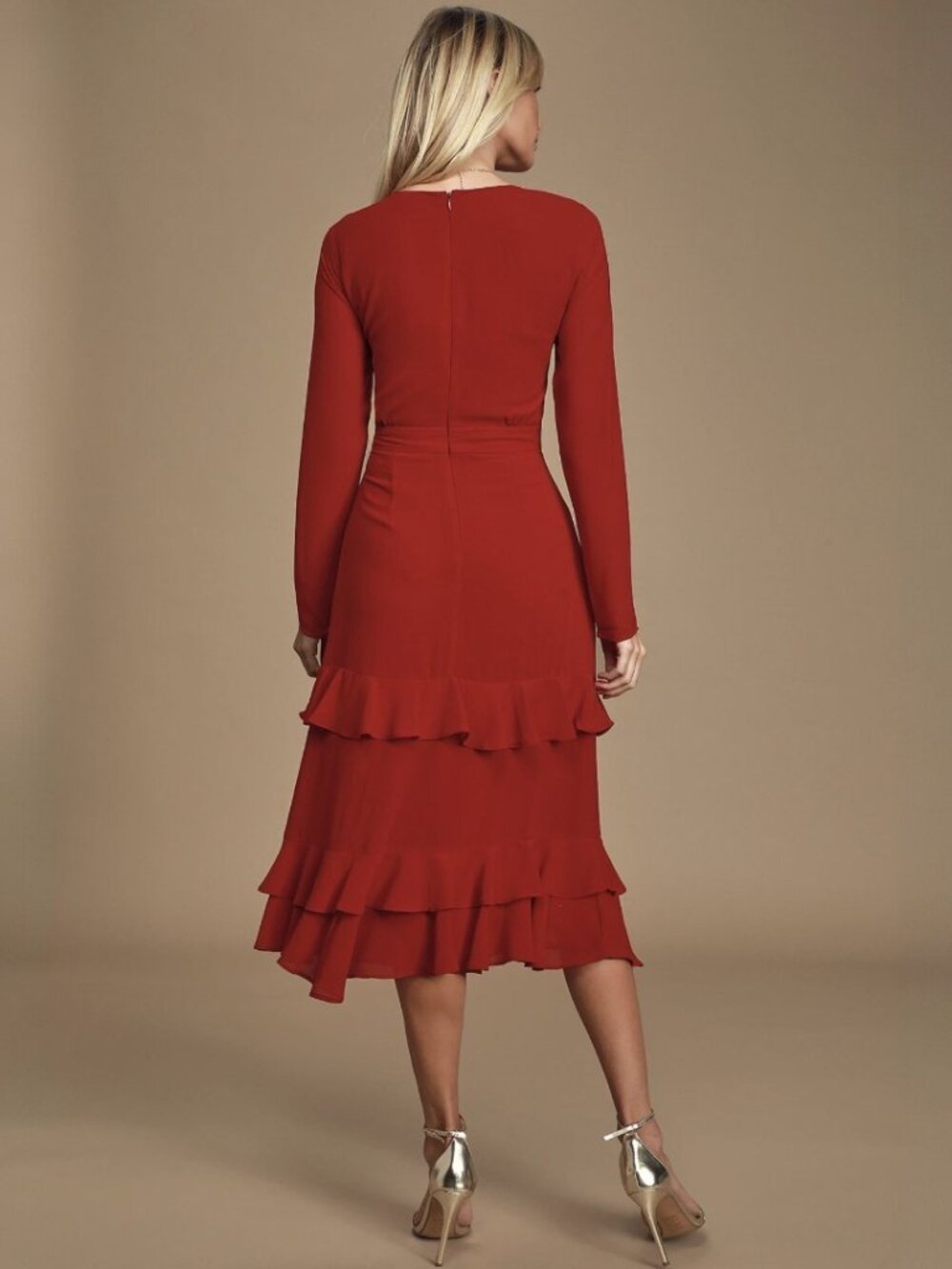 Lulus Sway This Way Red Ruffled Long Sleeve Midi Dress NWT - Picture 4 of 5